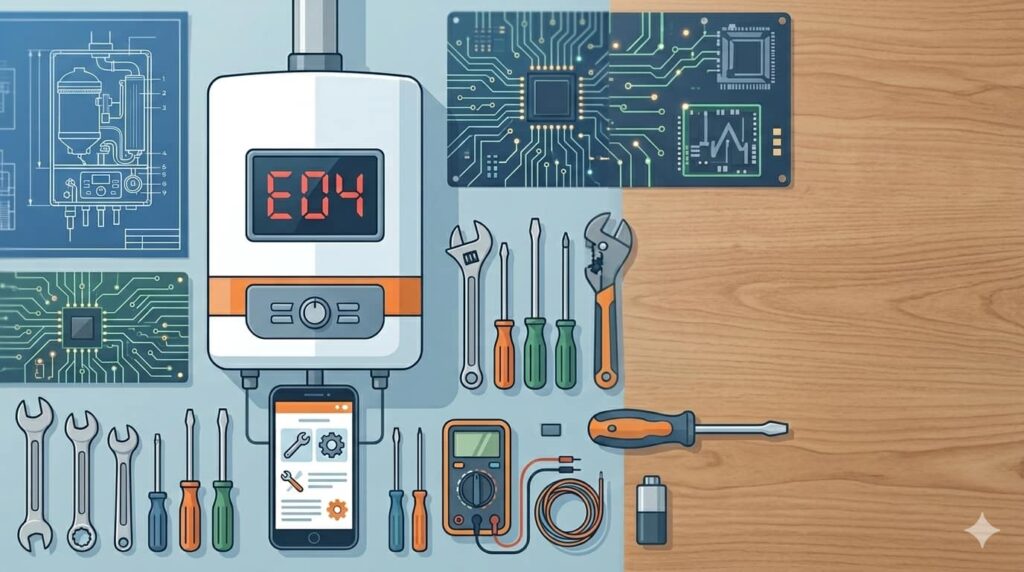 Manual de reparación de códigos de error en calderas y electrodomésticos con herramientas técnicas y esquemas electrónicos.